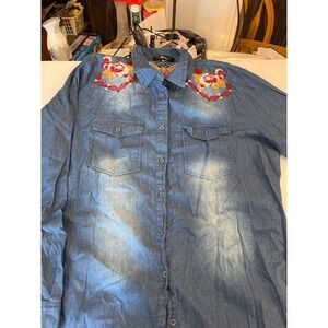 ANDREE BY UNIT Blue Denim Button-Down Shirt with Red & Pink Floral Embroidery
